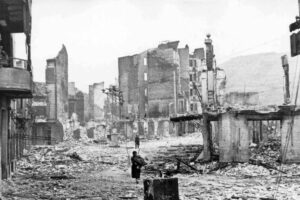 Spanish Civil War: the Spanish town of Guernica, after the bombing by German and Italian aircraft, 1937.